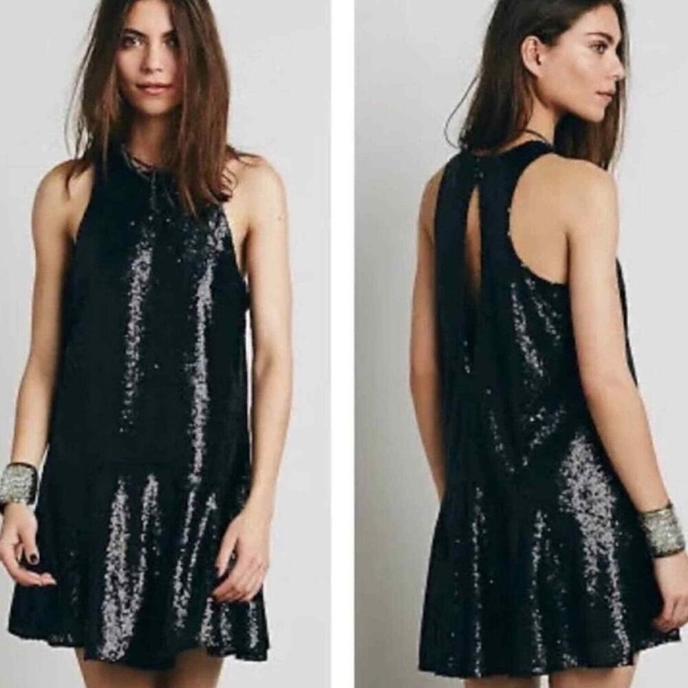 Free People Liquid Shine Sequin Drop Waist Mini Dress Size S Black Sleeveless
